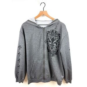 Gray Romwe Fleur de Lis Rhinestone Embellished‎ Full Zip Up Hoodie - L